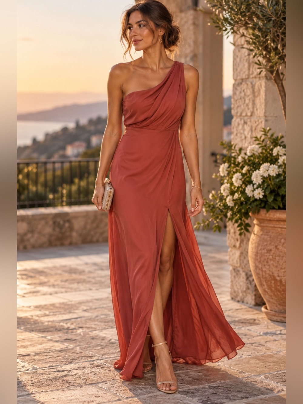 Birdy Grey Melissa Terracotta Chiffon One Shoulder Bridesmaid Maxi Dress Medium
